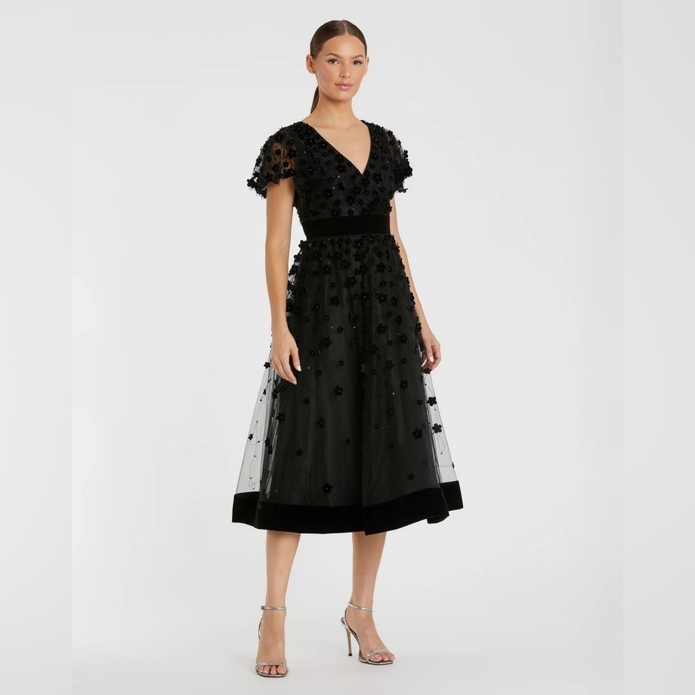 Mac Duggal 67854 Nwt Embellished Butterfly Sleeve Velvet Hem Midi Dress